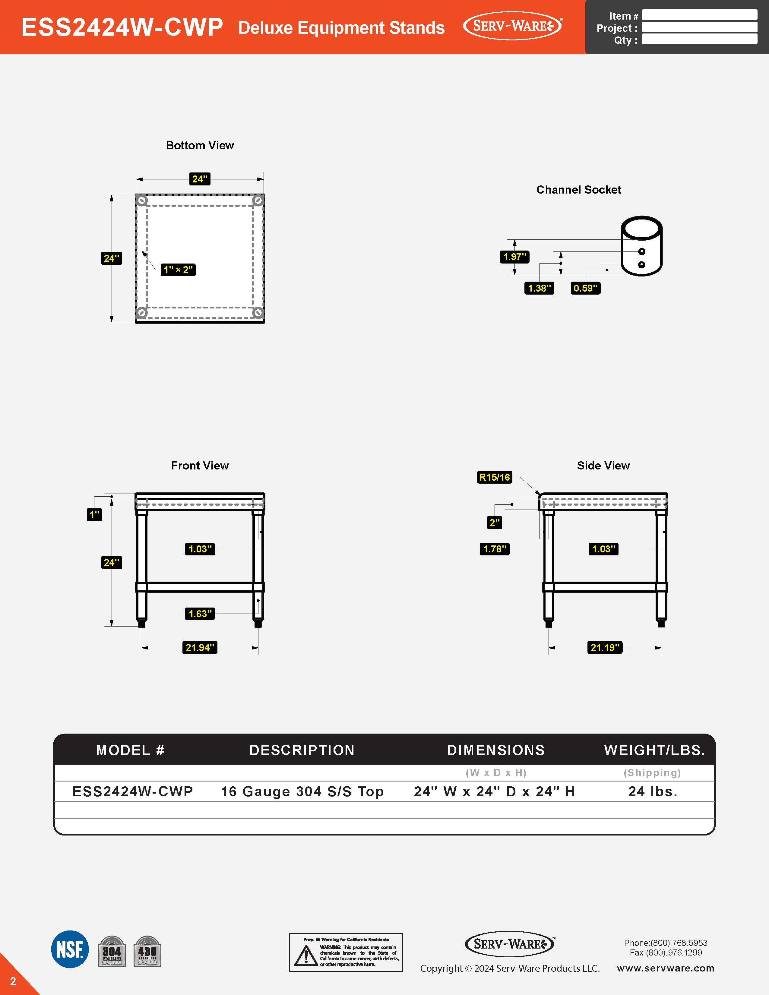 24” x 24” Deluxe Equipment Stand, ESS2424W-CWP