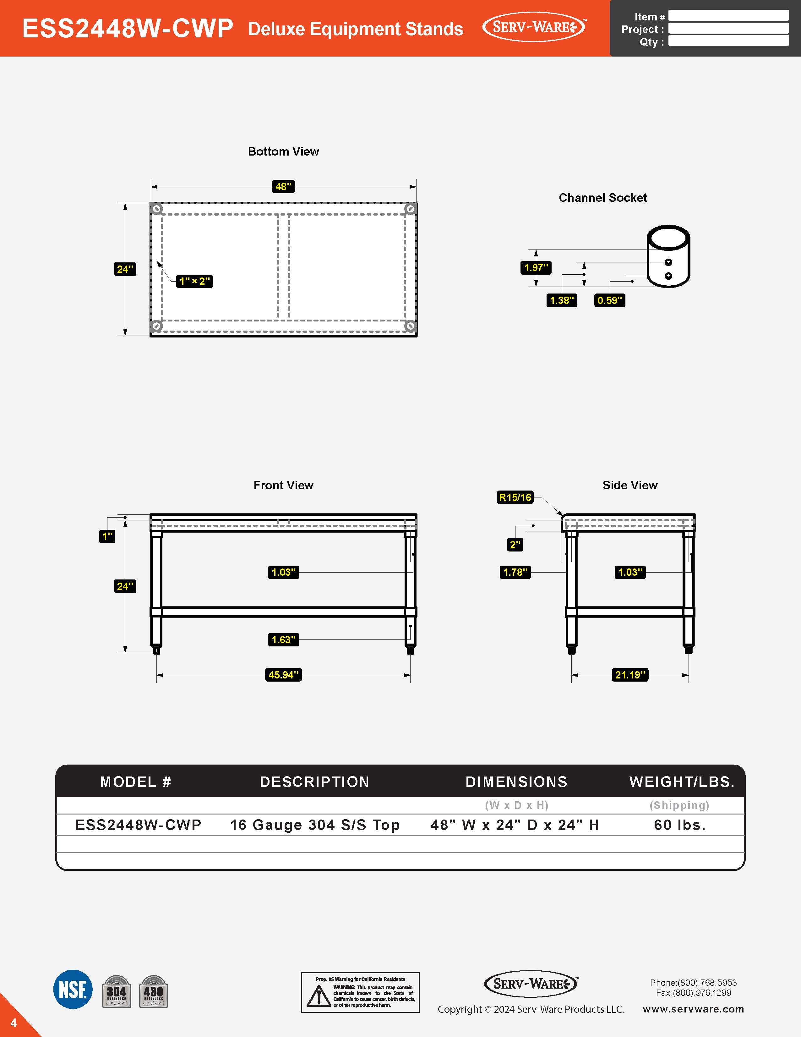 24” x 48” Deluxe Equipment Stand, ESS2448W-CWP