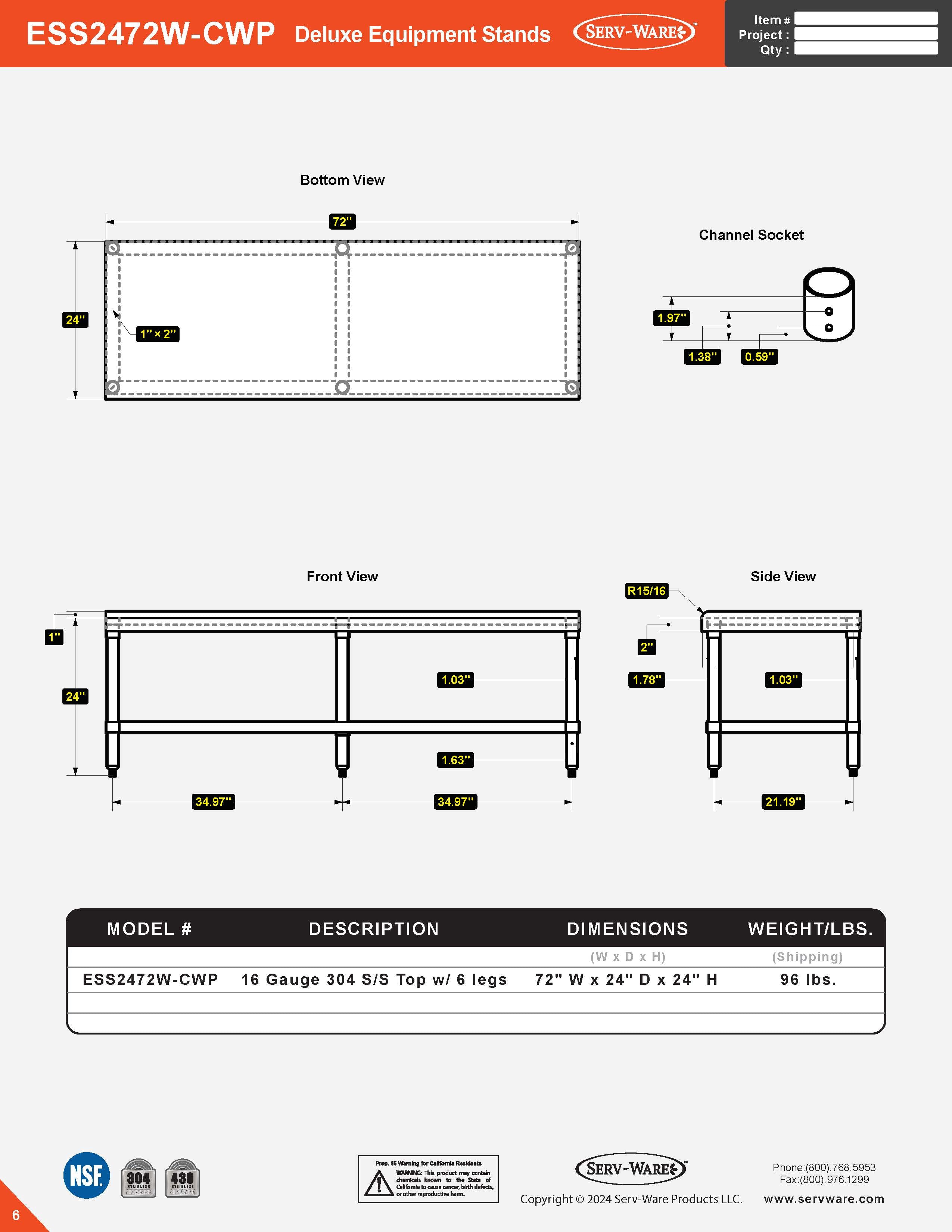 24” x 72” Deluxe Equipment Stand, ESS2472W-CWP