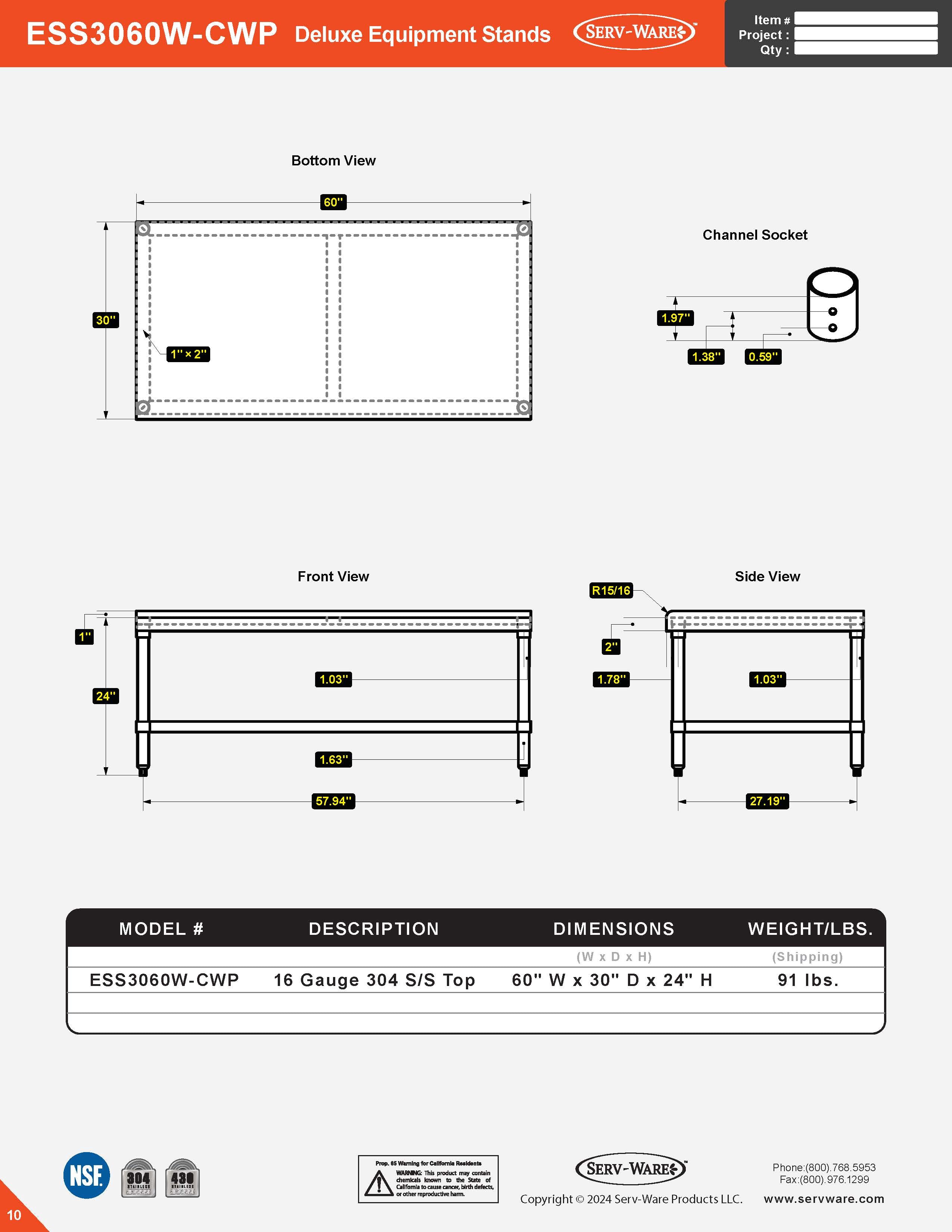 30” x 60” Deluxe Equipment Stand, ESS3060W-CWP