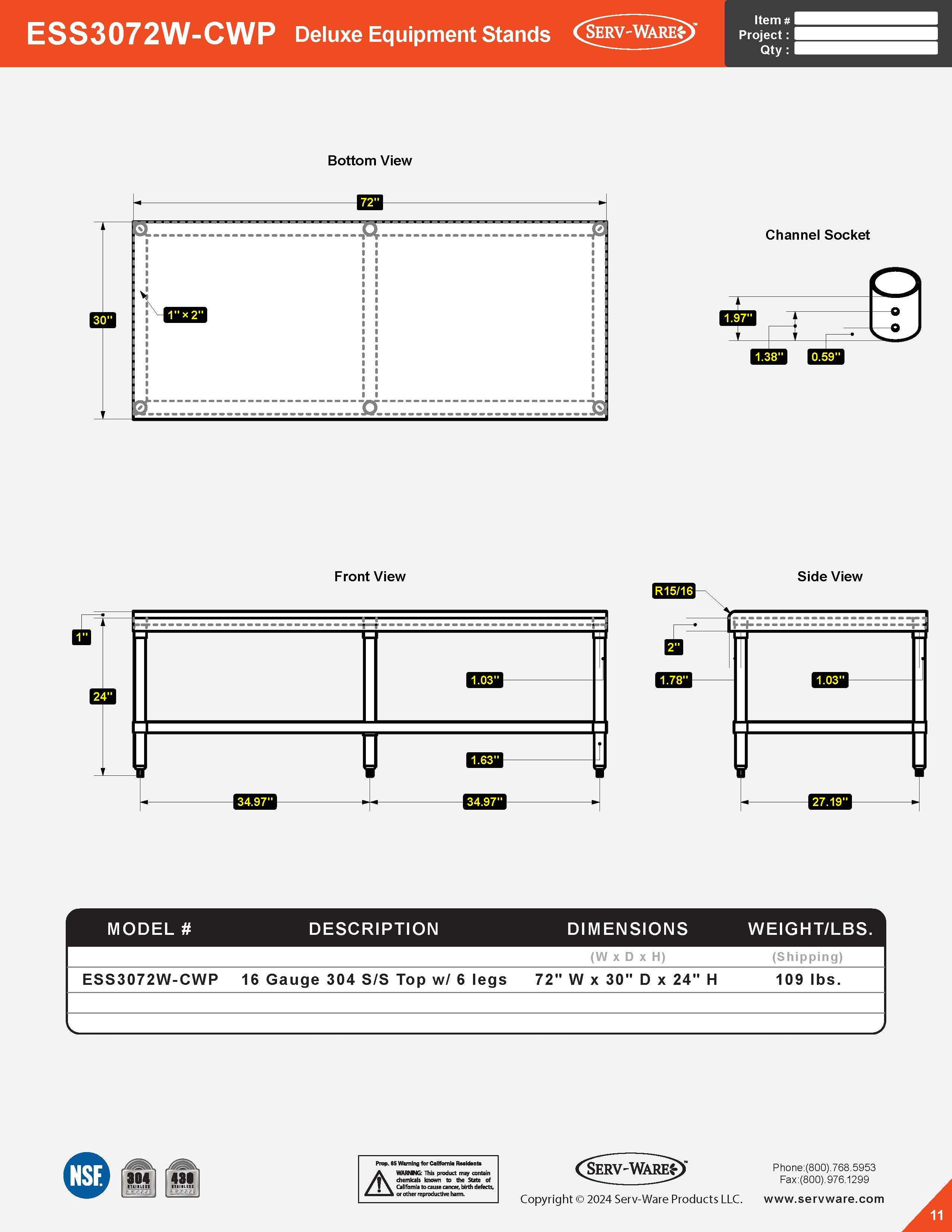 30” x 72” Deluxe Equipment Stand, ESS3072W-CWP