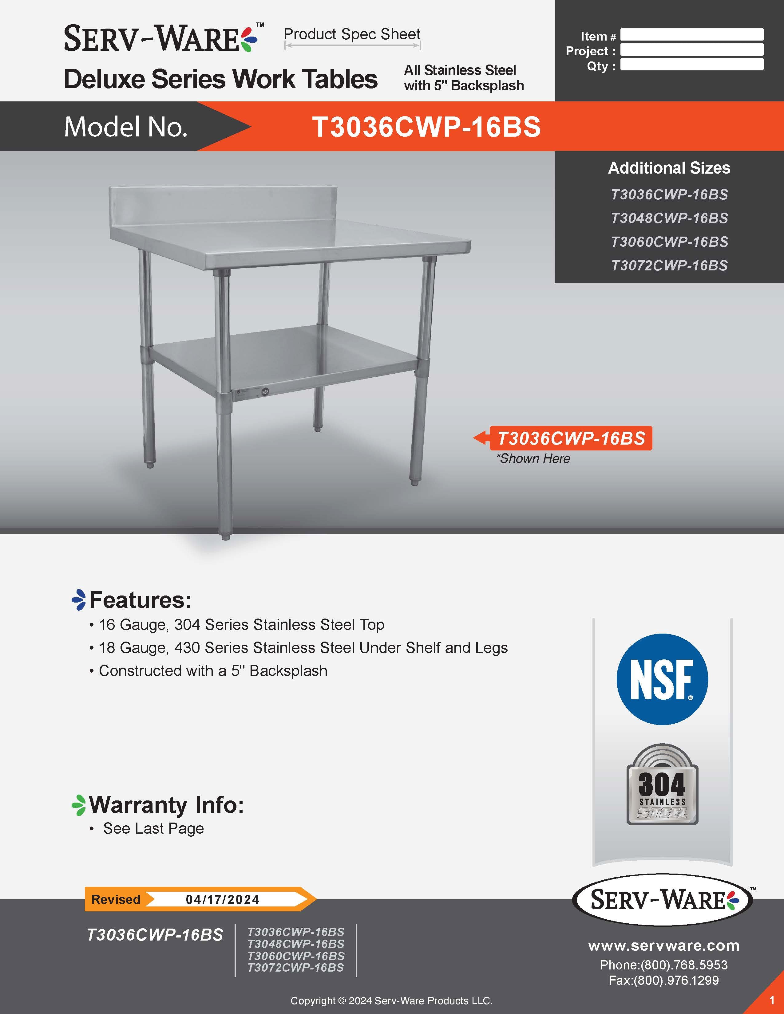 30” x 36” Deluxe Series Work Table with 5" Backsplash, T3036CWP-16BS