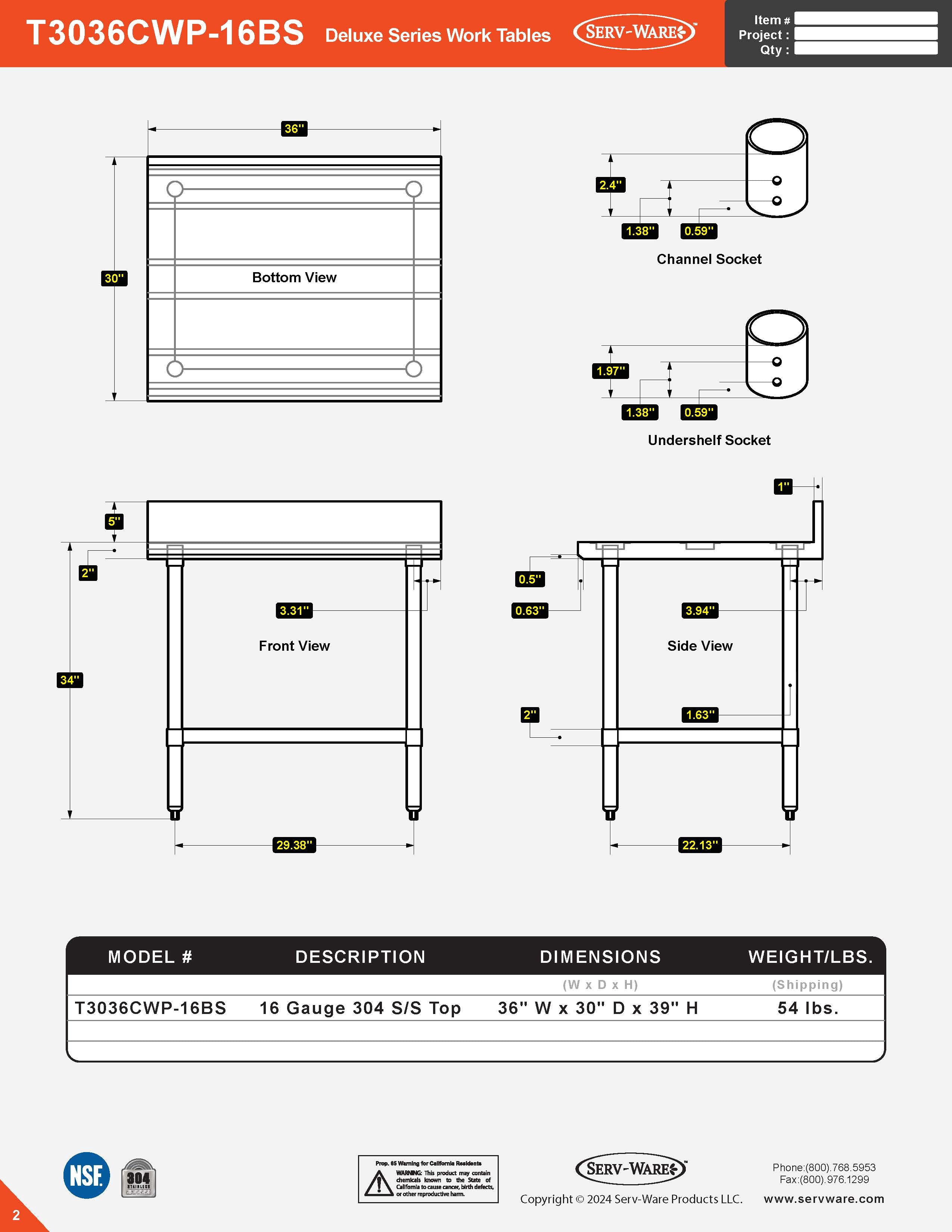 30” x 36” Deluxe Series Work Table with 5" Backsplash, T3036CWP-16BS