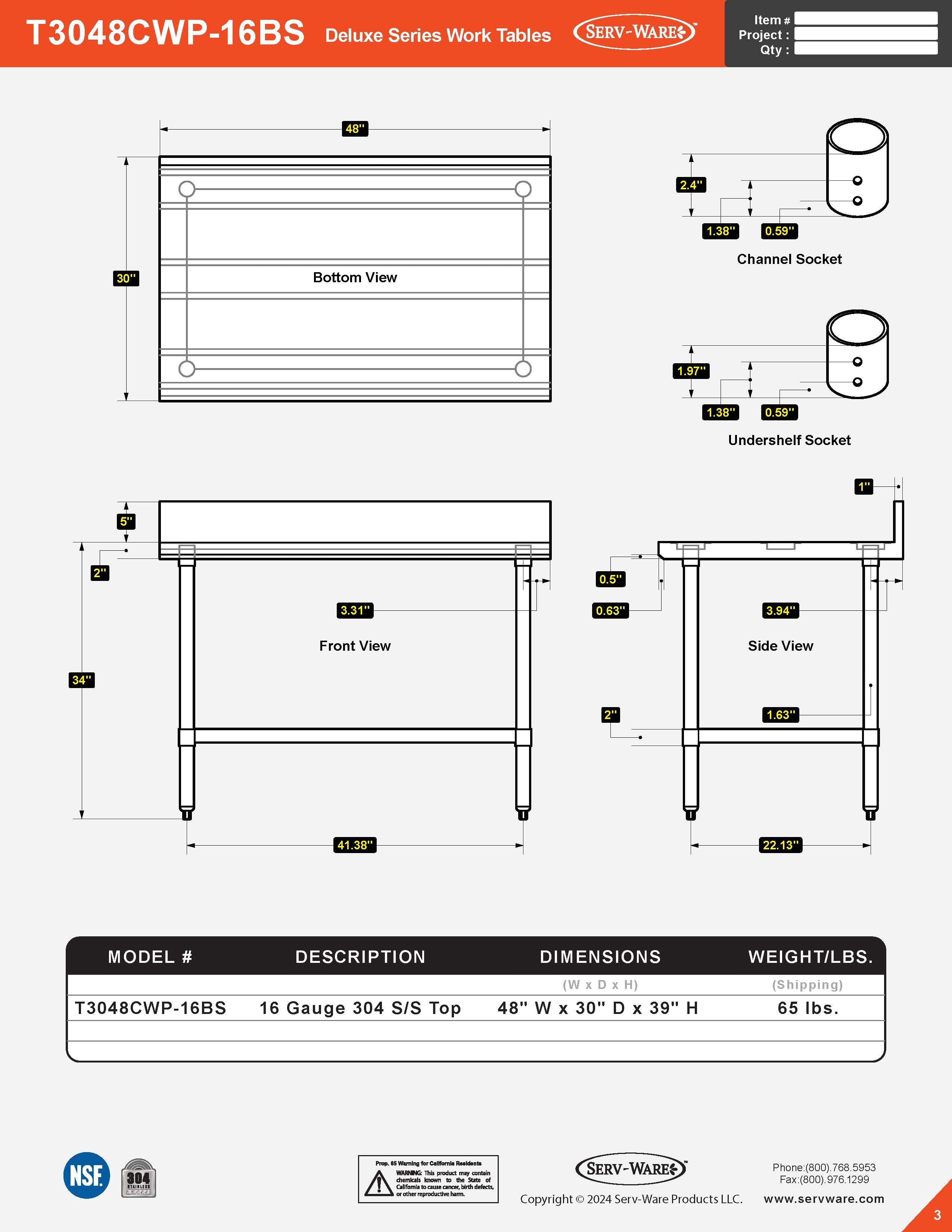 30” x 48” Deluxe Series Work Table with 5" Backsplash, T3048CWP-16BS