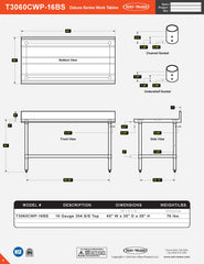 30” x 60” Deluxe Series Work Table with 5" Backsplash, T3060CWP-16BS