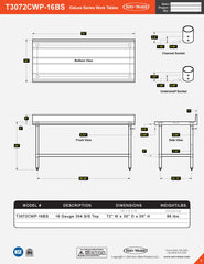 30” x 72” Deluxe Series Work Table with 5" Backsplash, T3072CWP-16BS