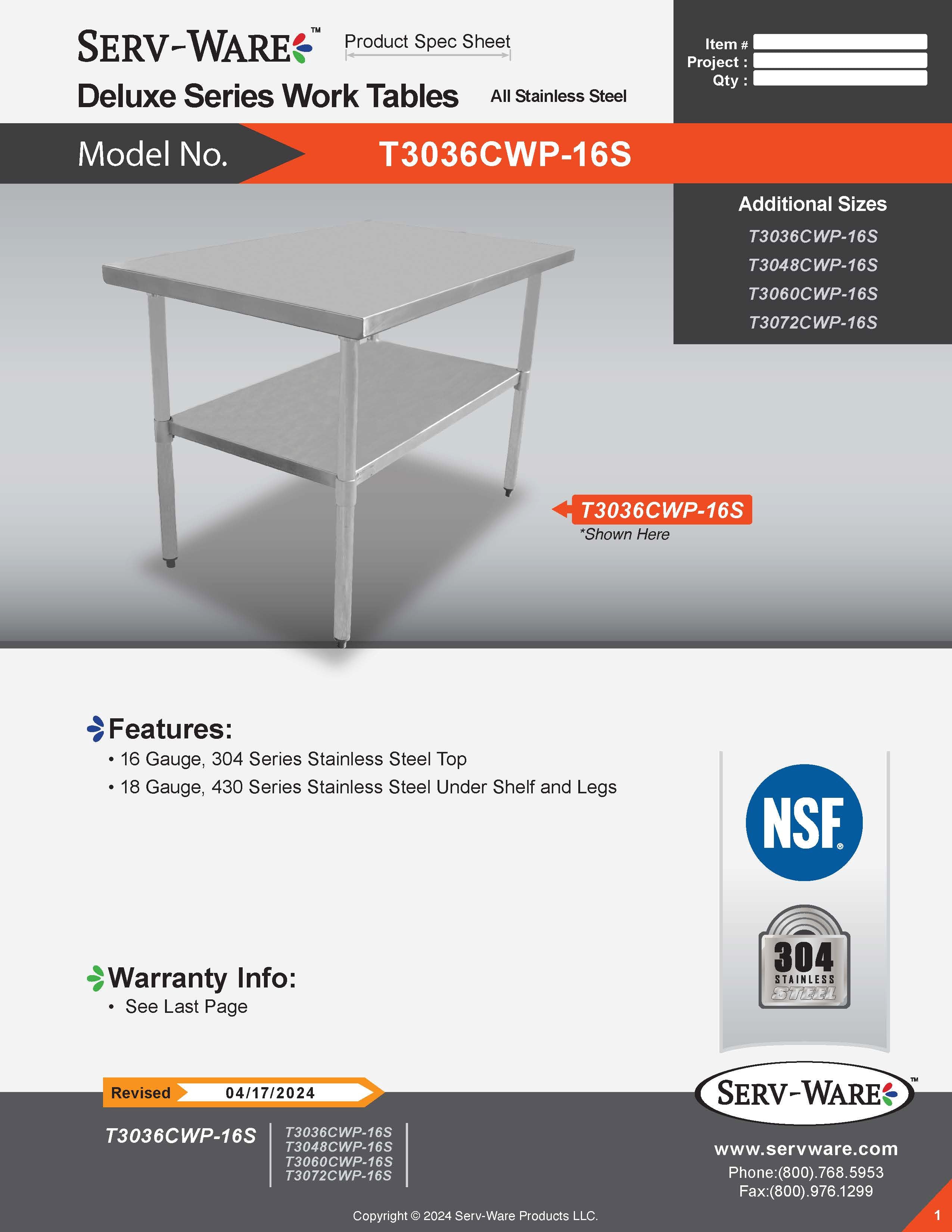 30” x 36” Standard Series Work Table, T3036CWP-3