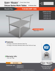 30” x 36” Deluxe Series Work Table, T3036CWP-16S