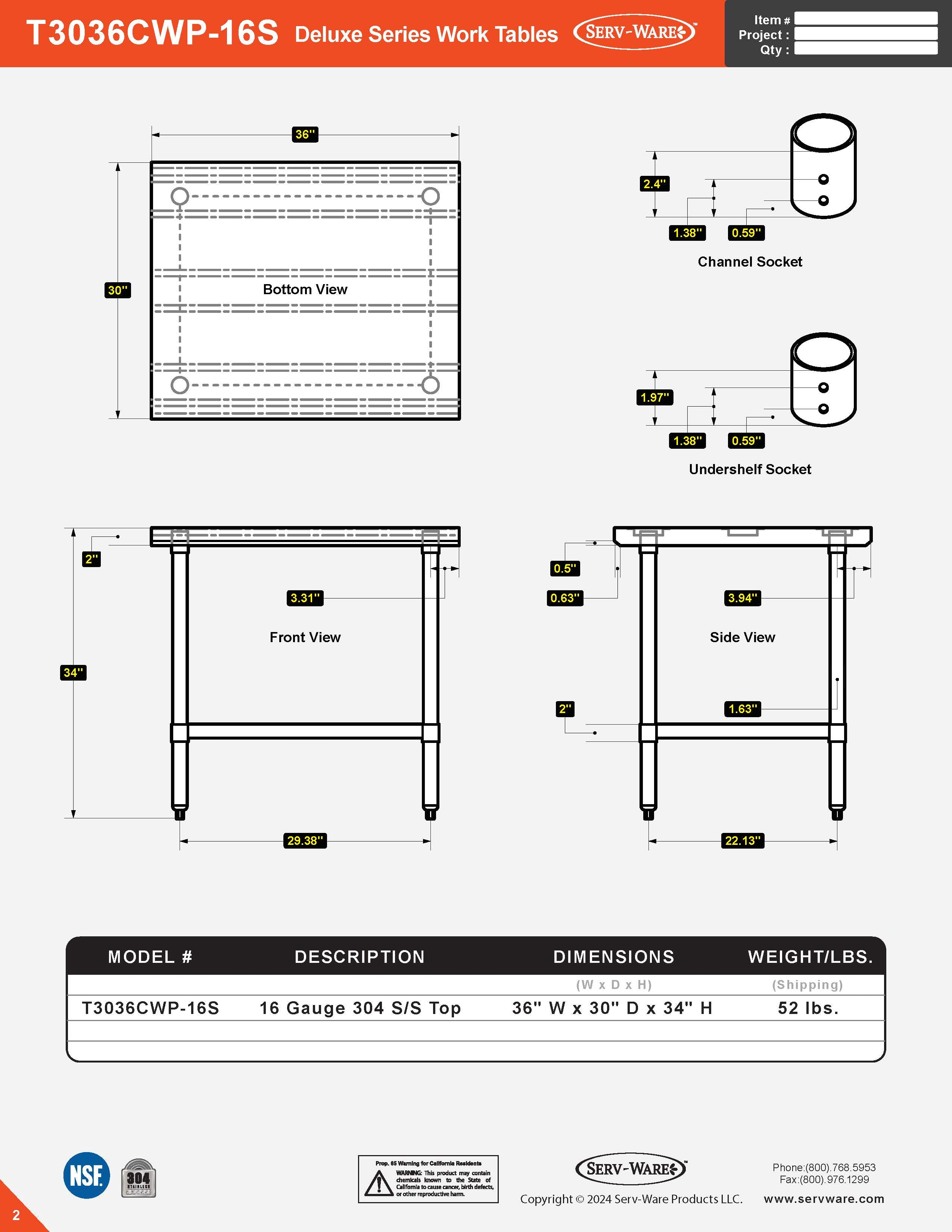 30” x 36” Deluxe Series Work Table, T3036CWP-16S