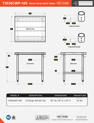 30” x 36” Deluxe Series Work Table, T3036CWP-16S