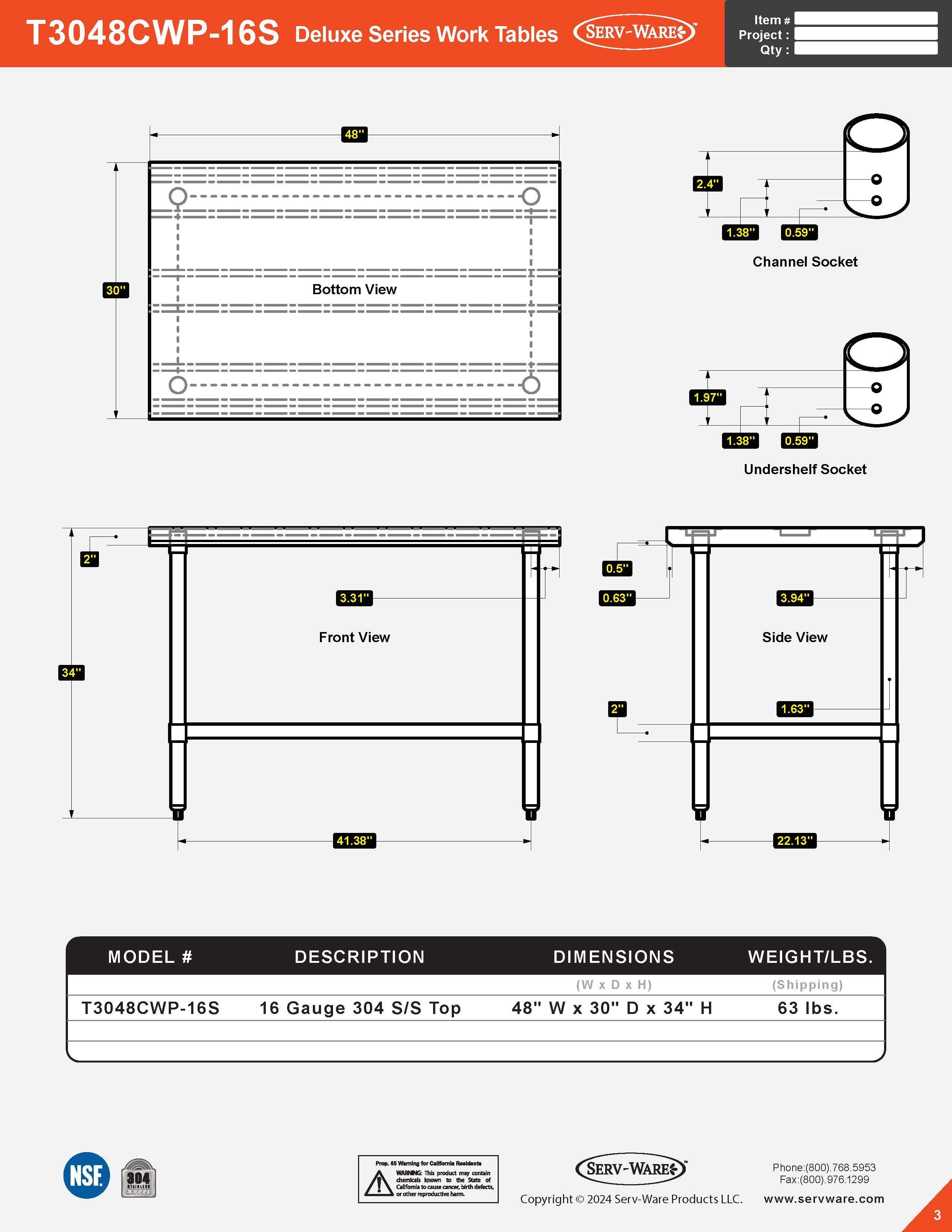 30” x 48” Deluxe Series Work Table, T3048CWP-16S