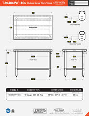 30” x 48” Deluxe Series Work Table, T3048CWP-16S