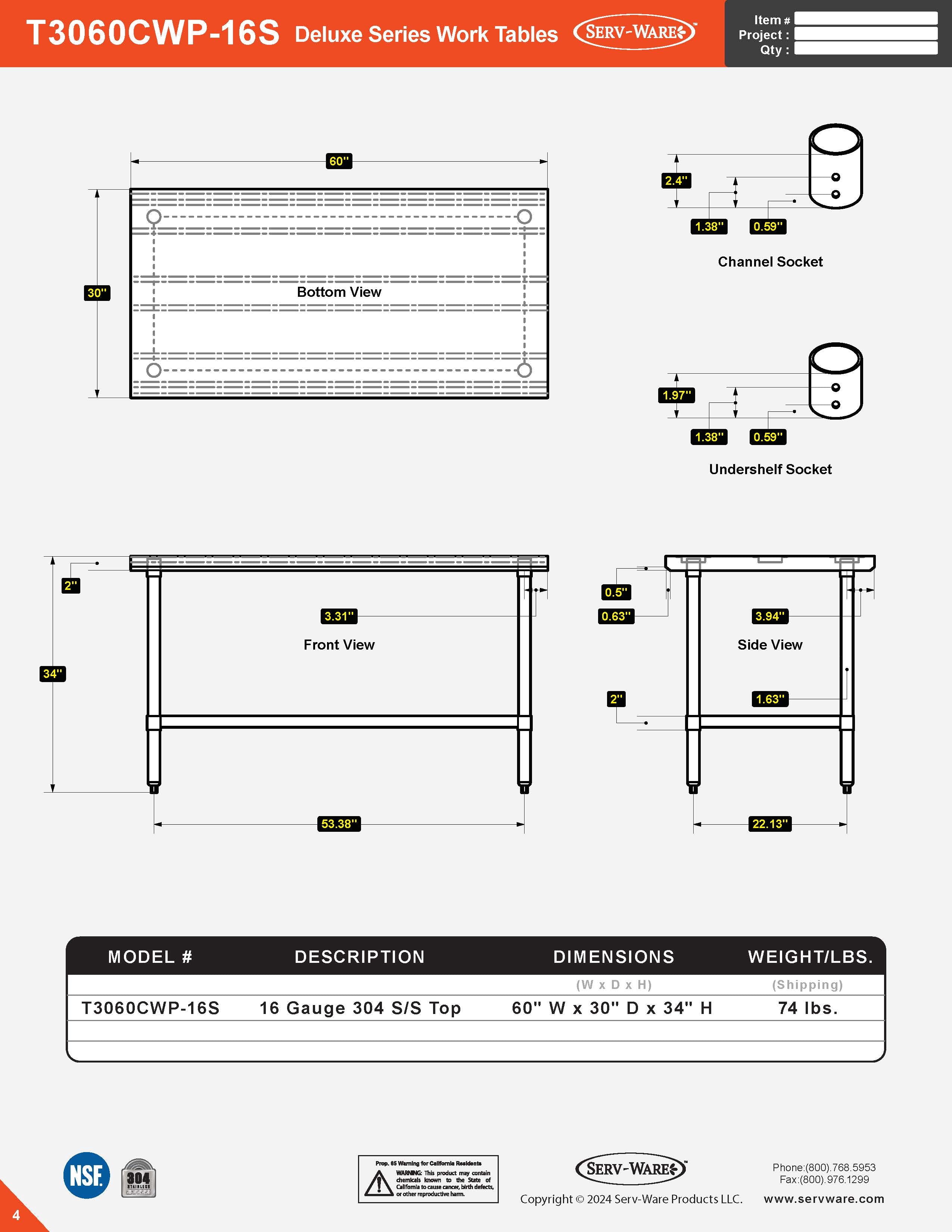 30” x 60” Deluxe Series Work Table, T3060CWP-16S