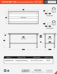 30” x 72” Deluxe Series Work Table, T3072CWP-16S