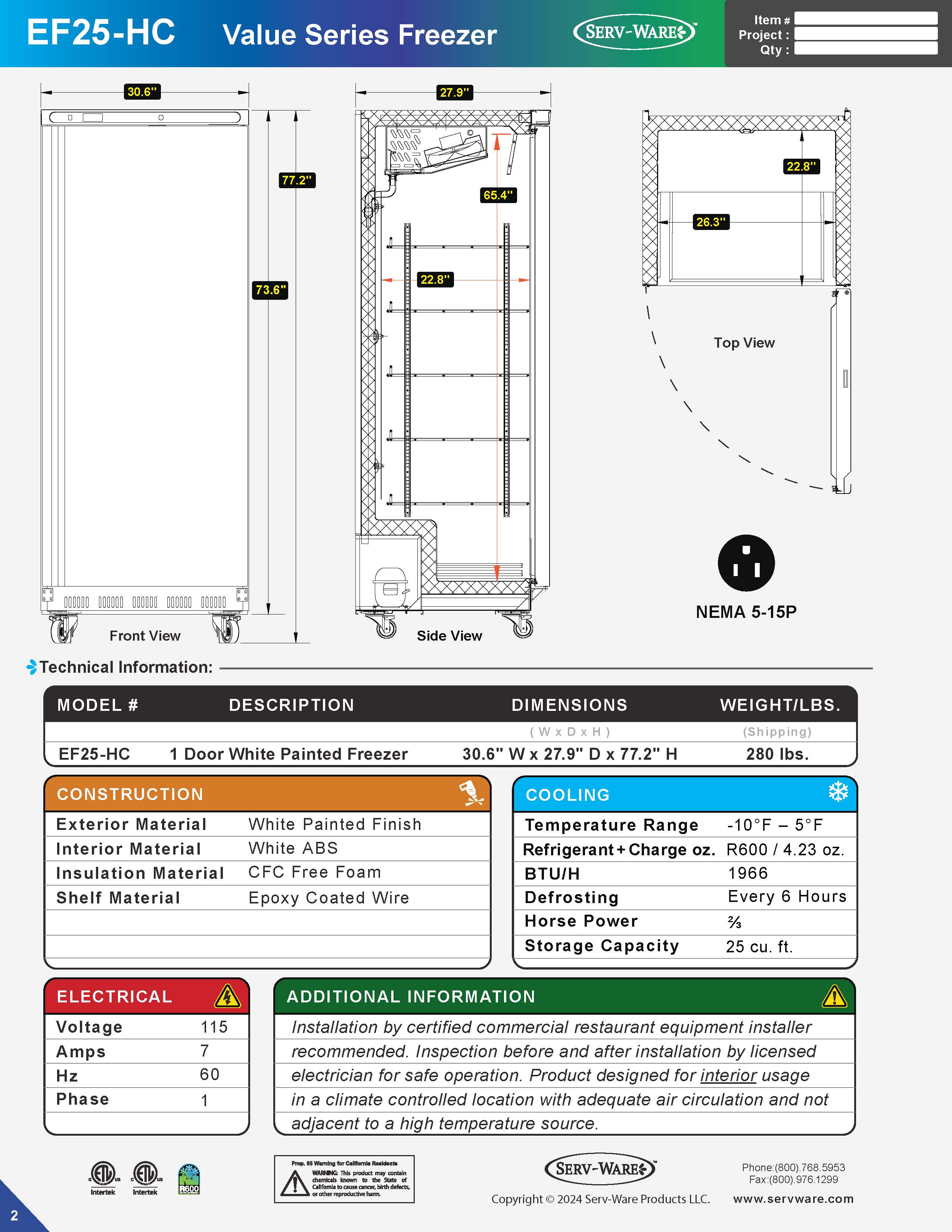 31" 1 Solid Door Reach-In Freezer, EF25-HC