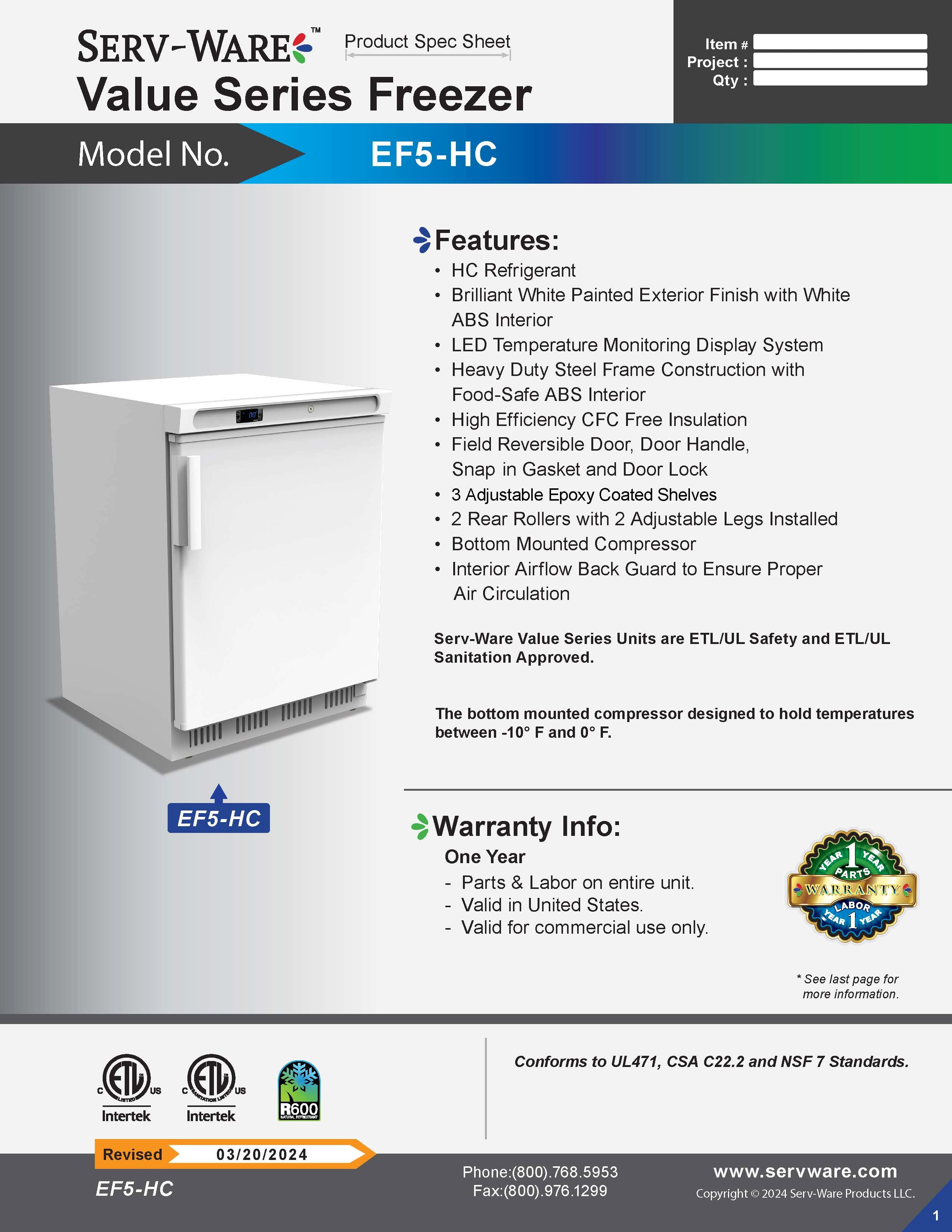 24" 1 Solid Door Undercounter Reach-In Freezer, EF5-HC