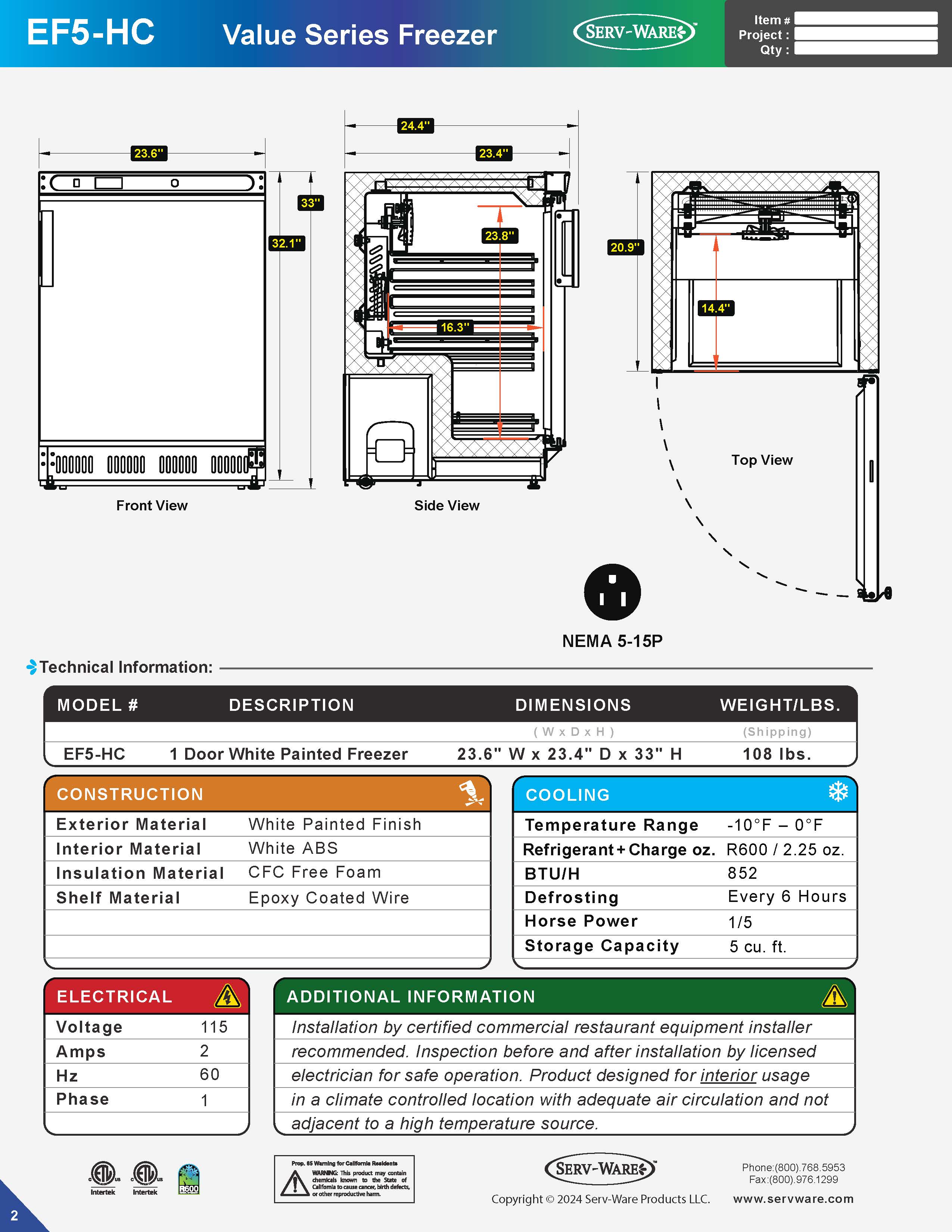 24" 1 Solid Door Undercounter Reach-In Freezer, EF5-HC