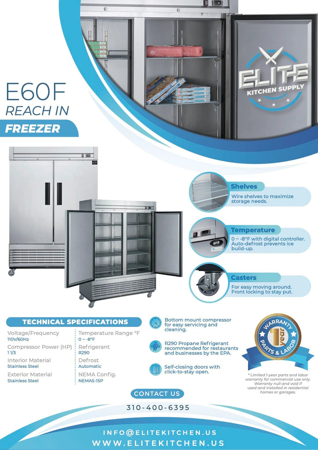 55" 2-Door Reach-in Commercial Freezer, E60F