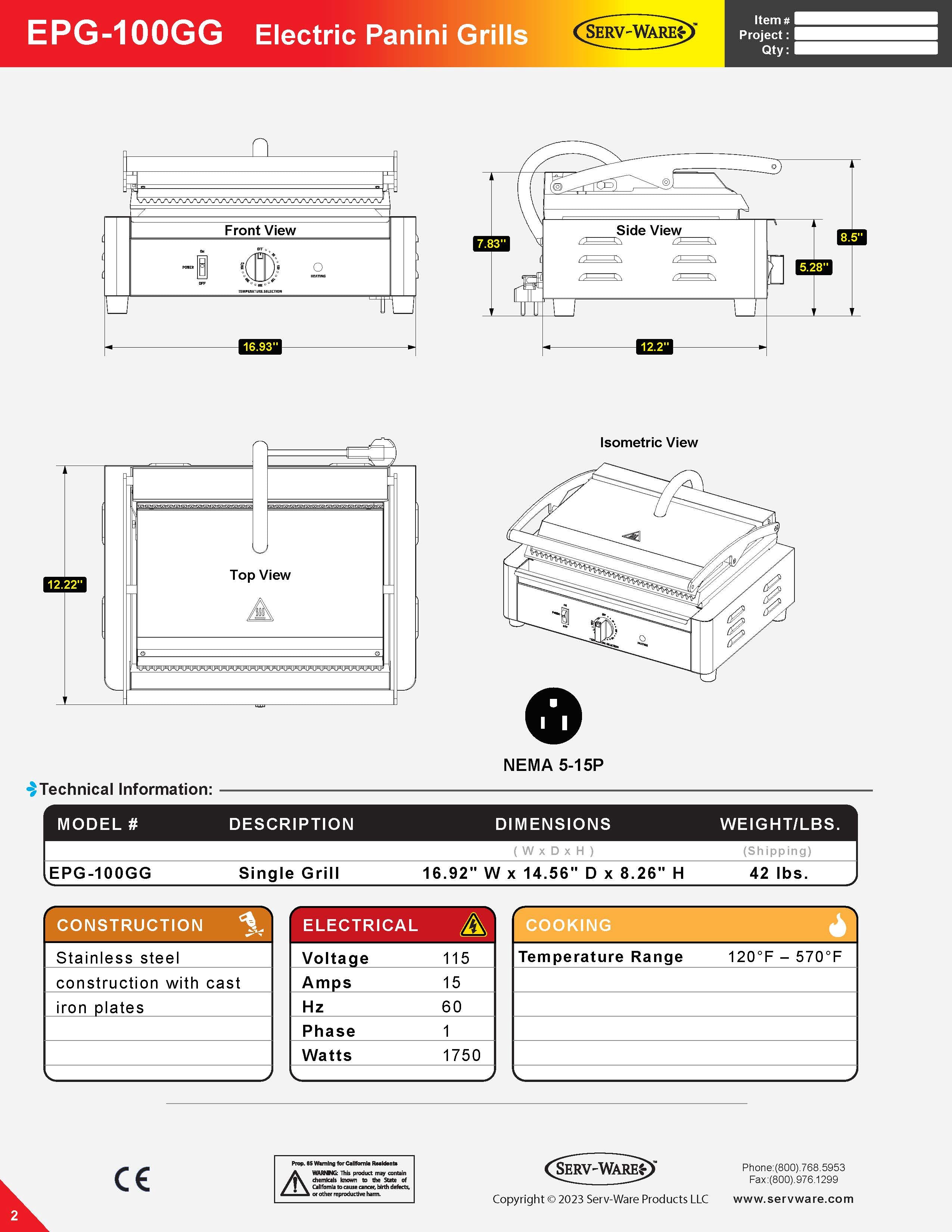 Electric Panini Grill, EPG-100GG