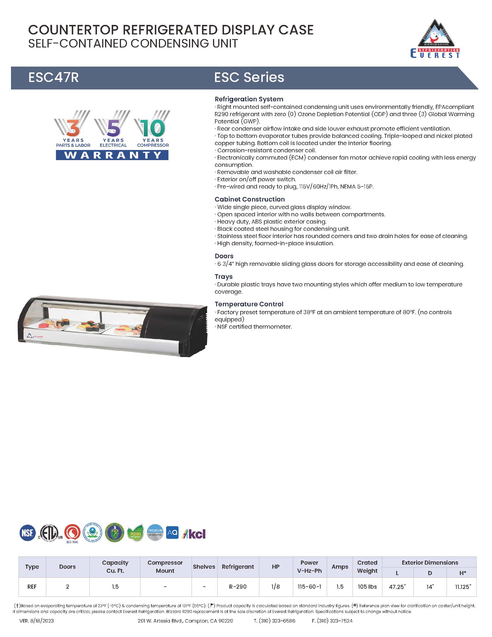 Everest ESC47R, 4ft Self Contained Countertop Refrigerated Display Case - Right Comp Mount