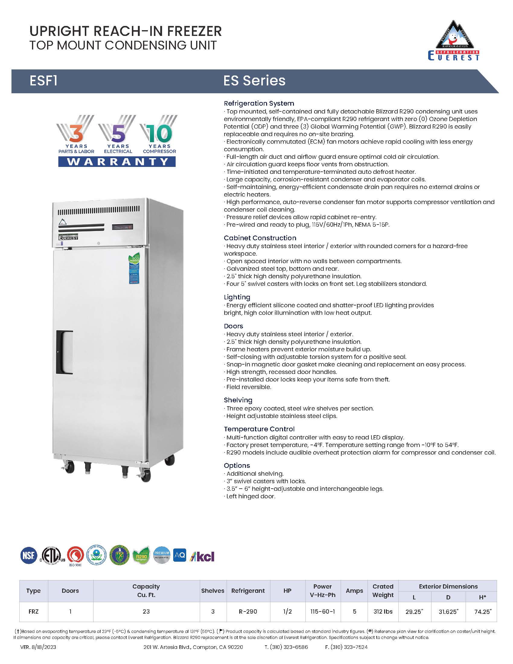 Everestref ESF1,  29 1/4" 1 Door Freezer