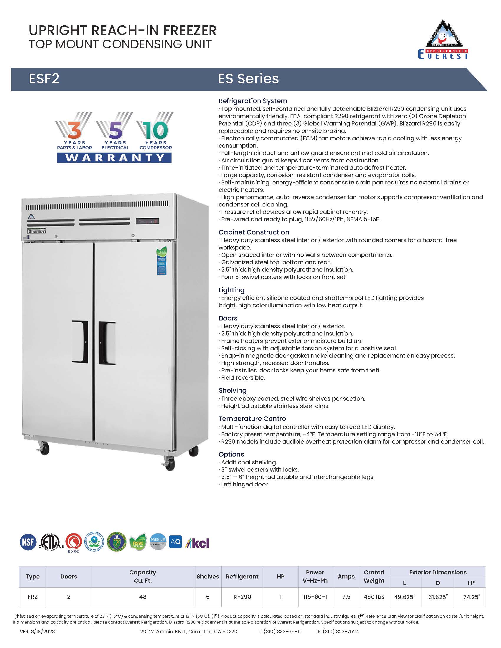 Everestref ESF2,  49 3/4" 2 Door Freezer
