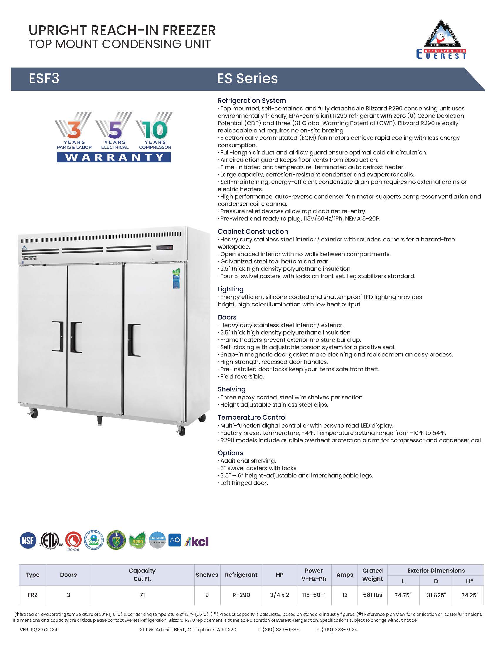Everestref ESF3,  75" 3 Door Freezer