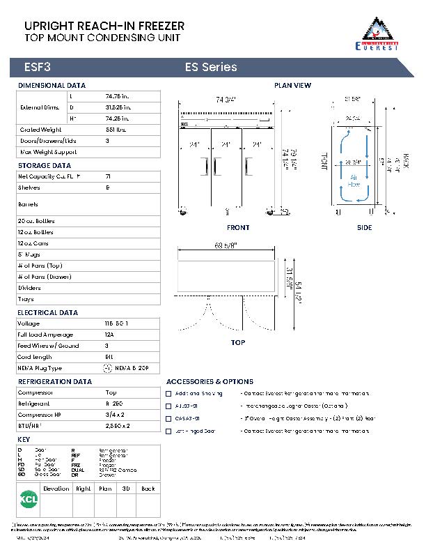 Everestref ESF3,  75" 3 Door Freezer