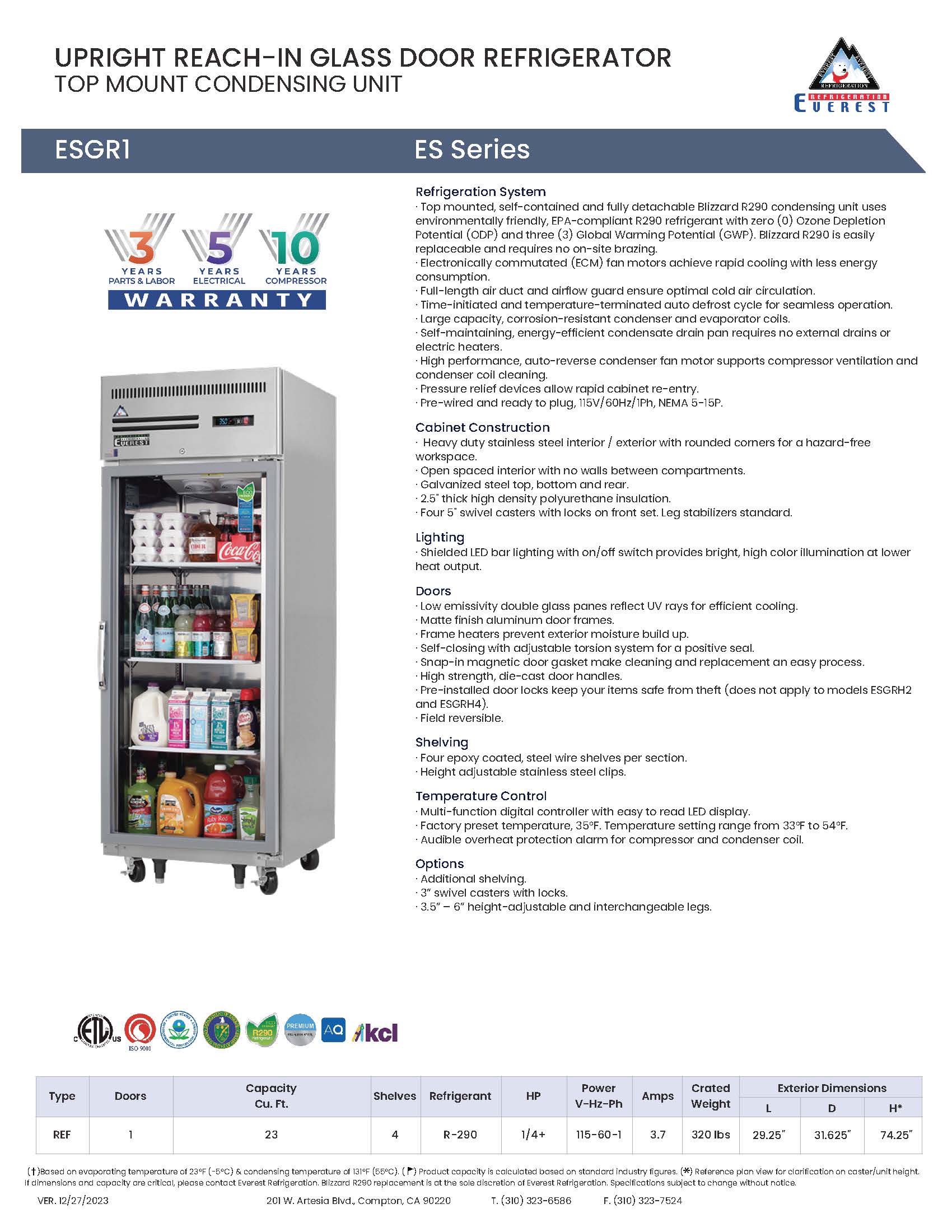 Everestref ESGR1, 29 1/4", 1 Glass Door Refrigerator