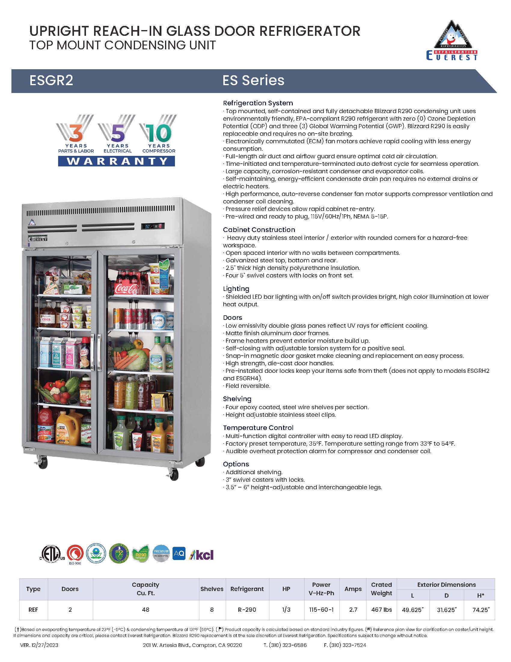 Everestref ESGR2, 49 3/4", 2 Glass Door (Swing)  Refrigerator