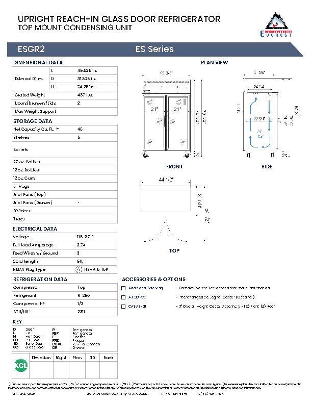 Everestref ESGR2, 49 3/4", 2 Glass Door (Swing)  Refrigerator