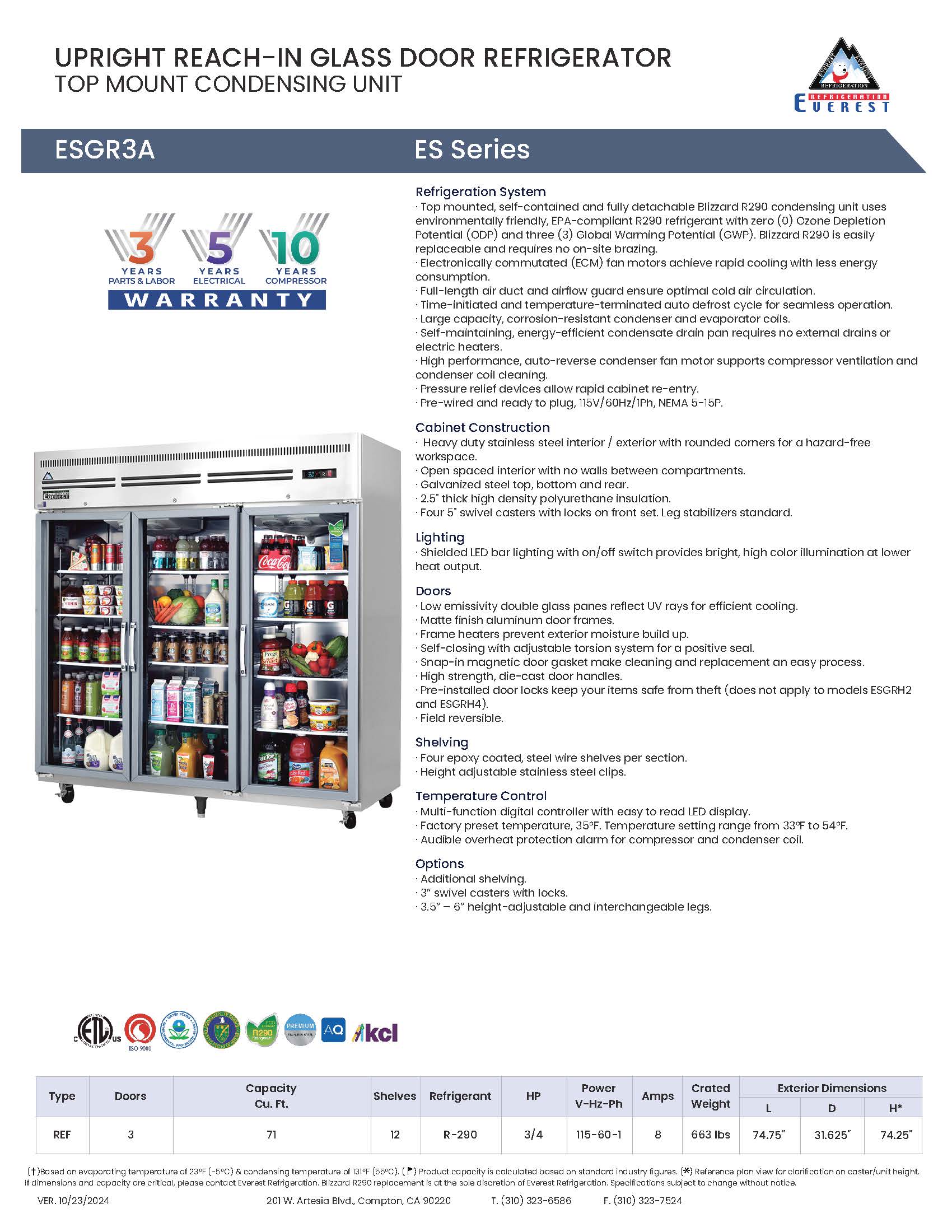 Everestref ESGWR3A, 75" 3 Glass Door (Swing)  Refrigerator