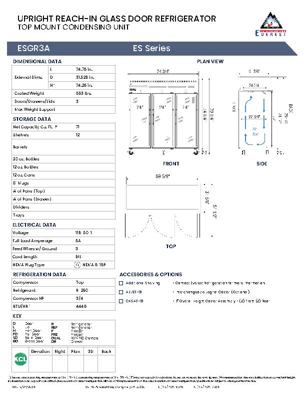 Everestref ESGWR3A, 75" 3 Glass Door (Swing)  Refrigerator