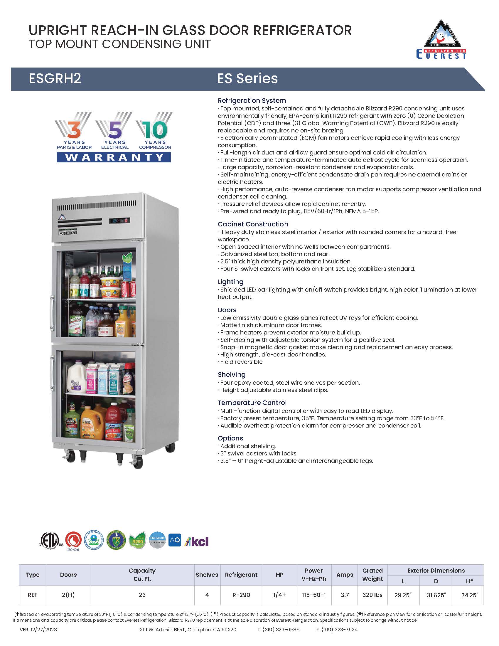 Everestref ESGRH2, 29 1/4", 1 Section Half Glass Door Refrigeraton