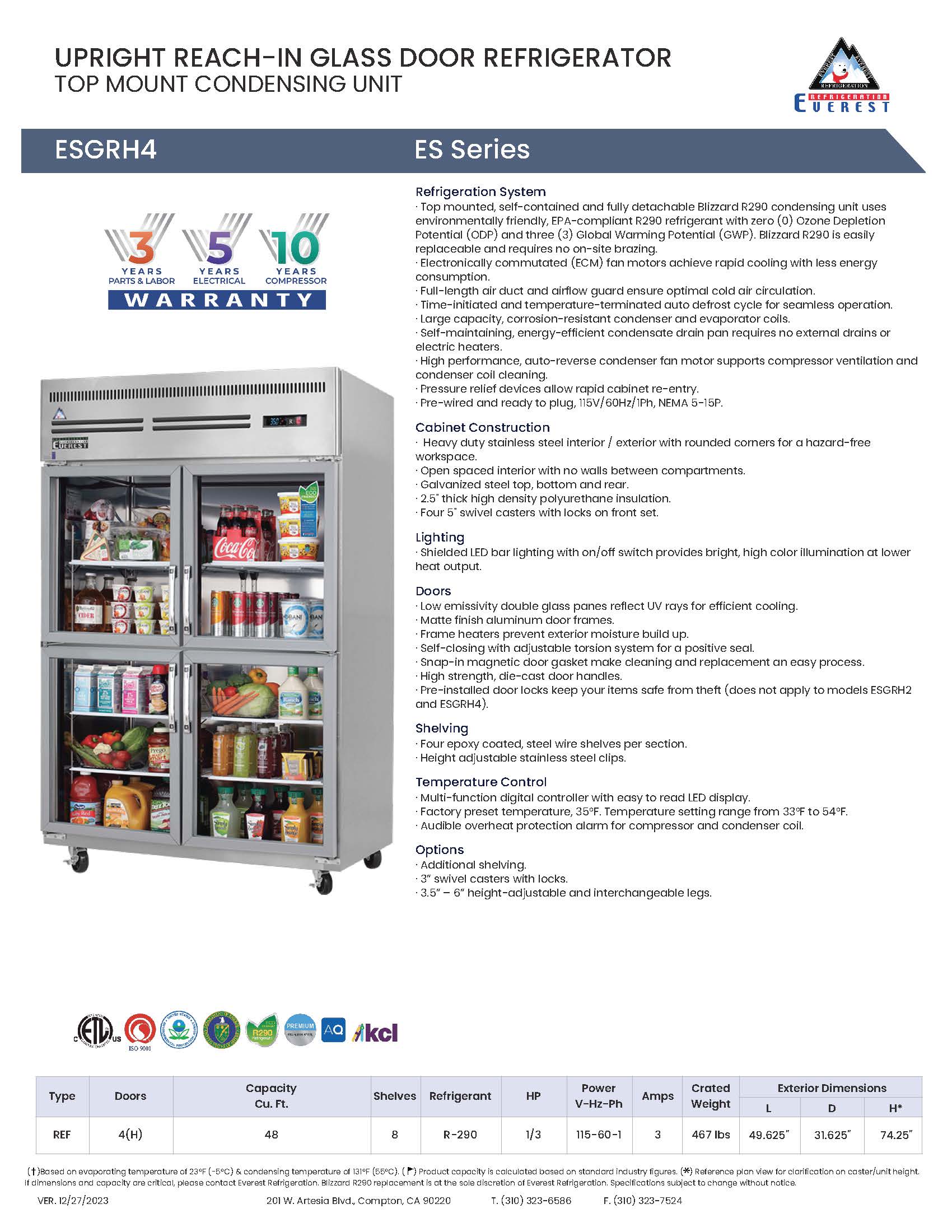 Everestref ESGRH4, 49 3/4", 2 Section Half Glass Door Refrigeraton