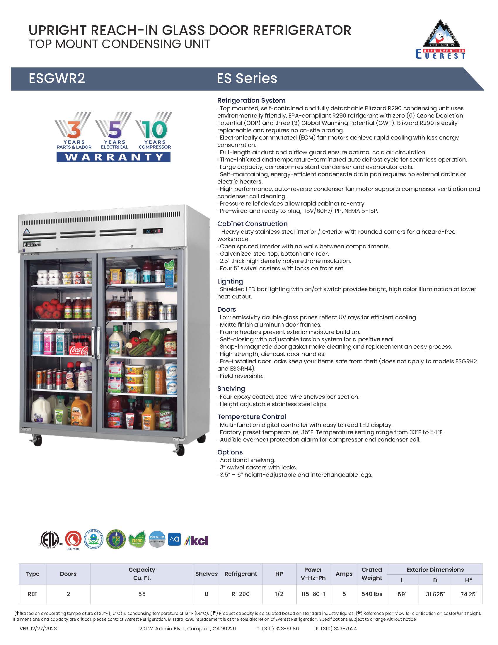 Everestref ESGWR2, 59" 2 Wide Glass Door (Swing)  Refrigerator
