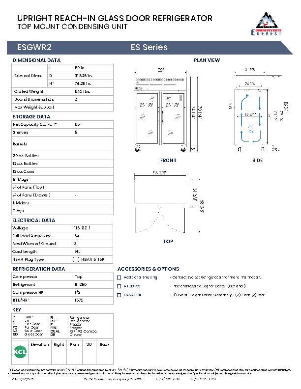 Everestref ESGWR2, 59" 2 Wide Glass Door (Swing)  Refrigerator