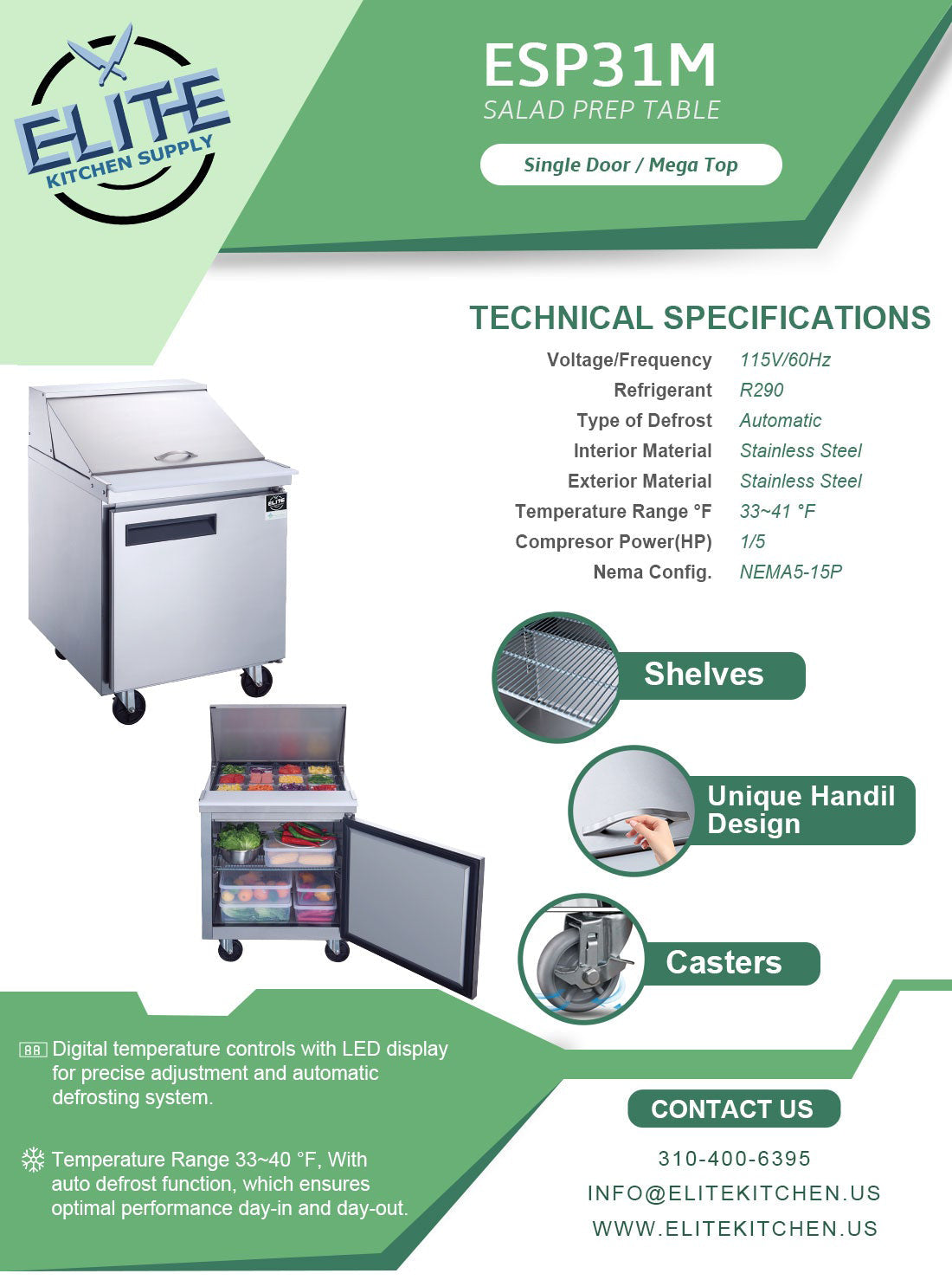 31" Salad, Sandwich Food 12 Pan Prep Table Refrigerator, ESP-31M, Mega Top 6.6 cu.ft.