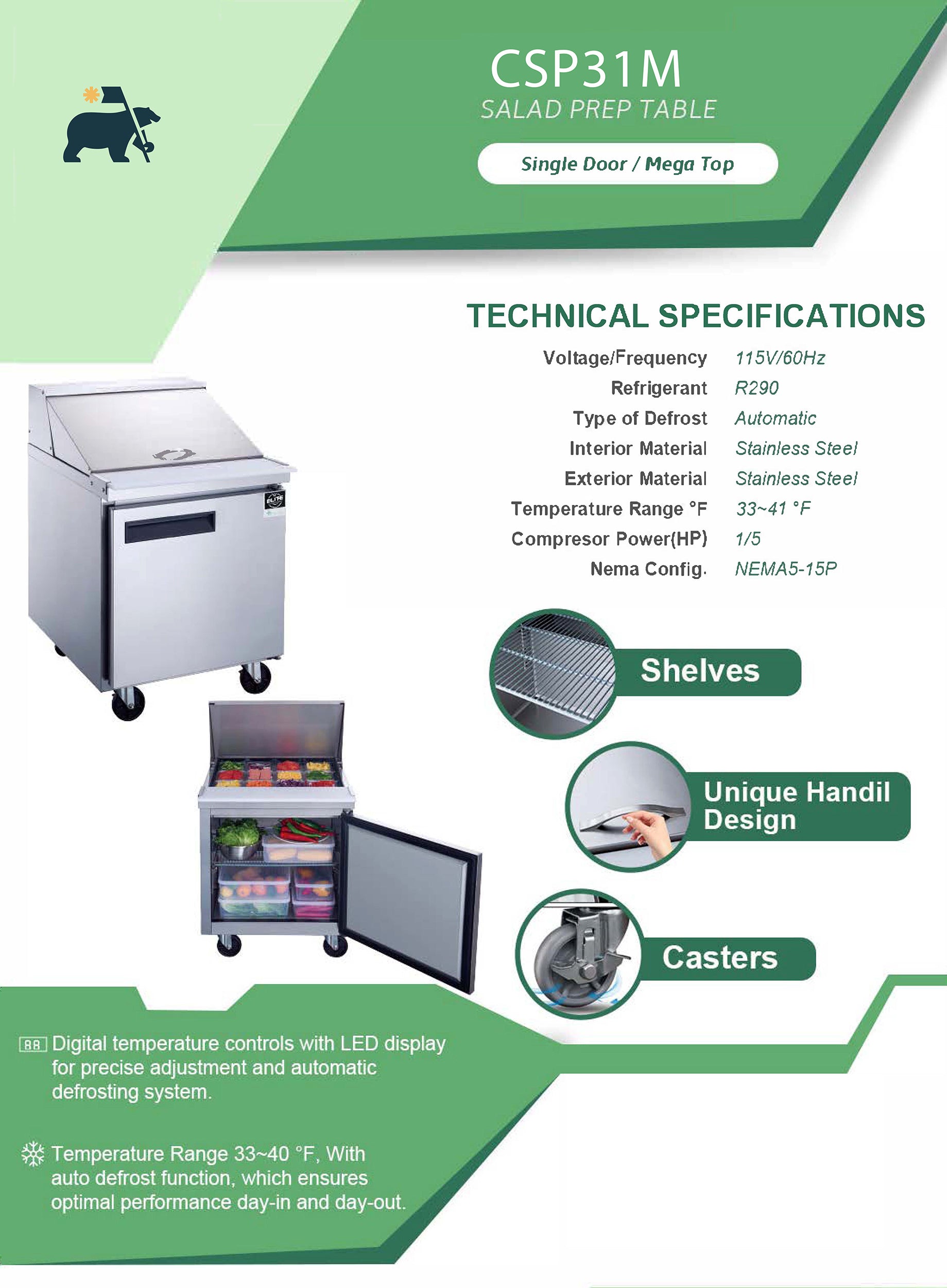 CSP-31M 12 Pan Prep Table Refrigerator, 29"*31"*46", 3-Year labor 5-Year Parts 10-Year compressor