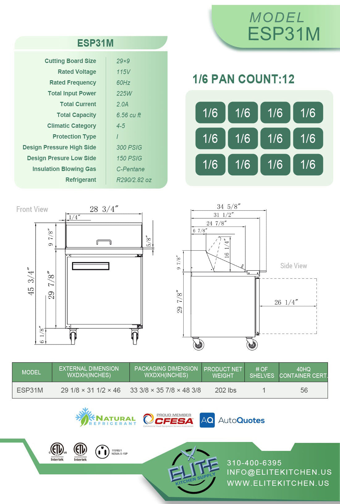 31" Salad, Sandwich Food 12 Pan Prep Table Refrigerator, ESP-31M, Mega Top 6.6 cu.ft.