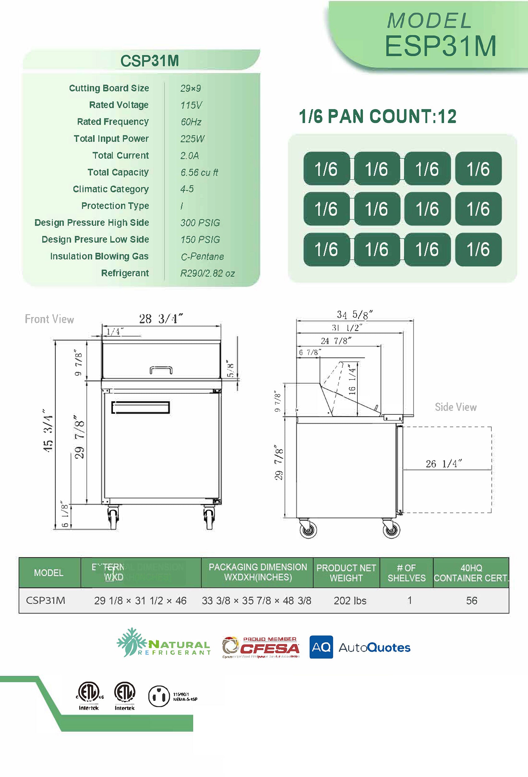 CSP-31M 12 Pan Prep Table Refrigerator, 29"*31"*46", 3-Year labor 5-Year Parts 10-Year compressor