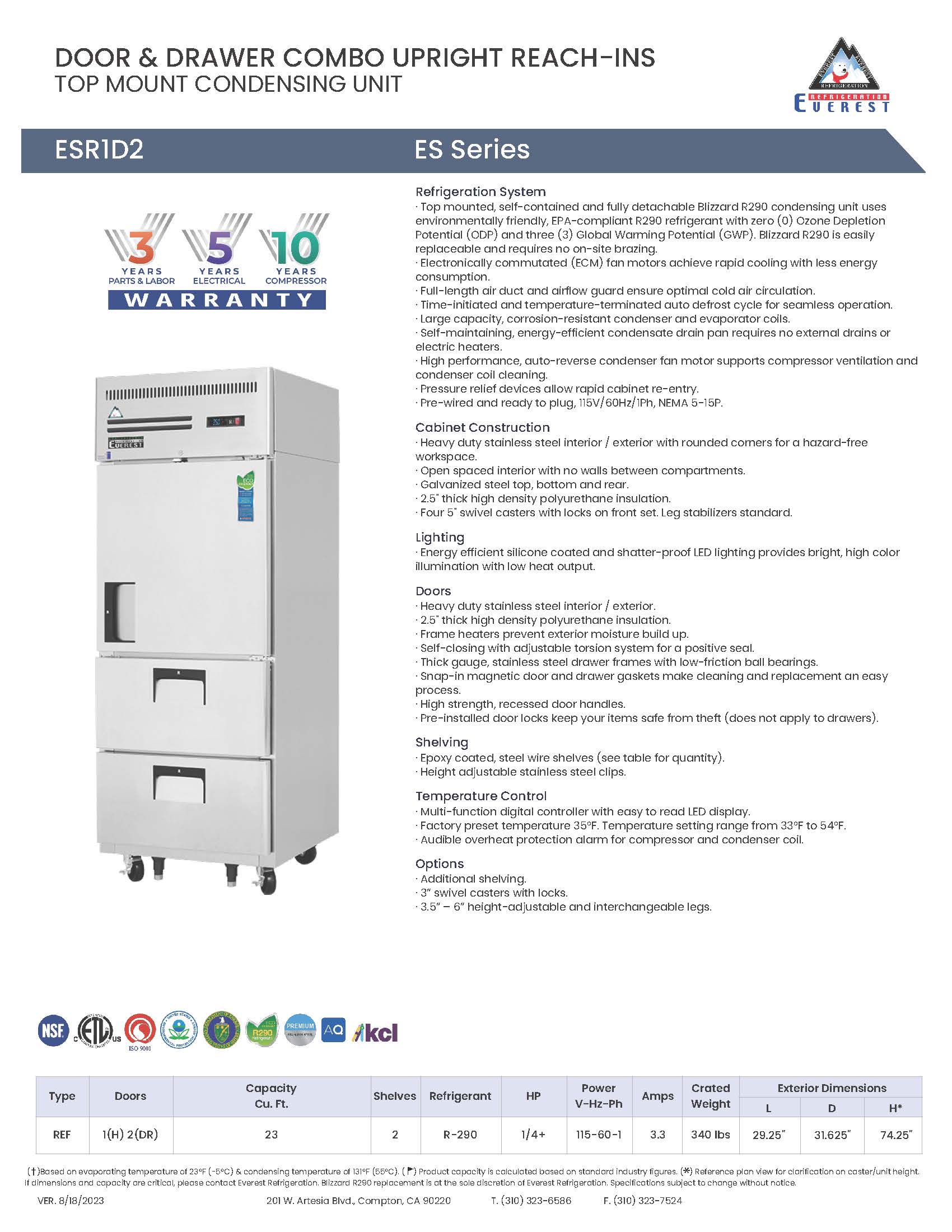 Everestref ESR1D2,  29 1/4" 1 Section - 1 Half Door & 2 Drawer Refrigerator