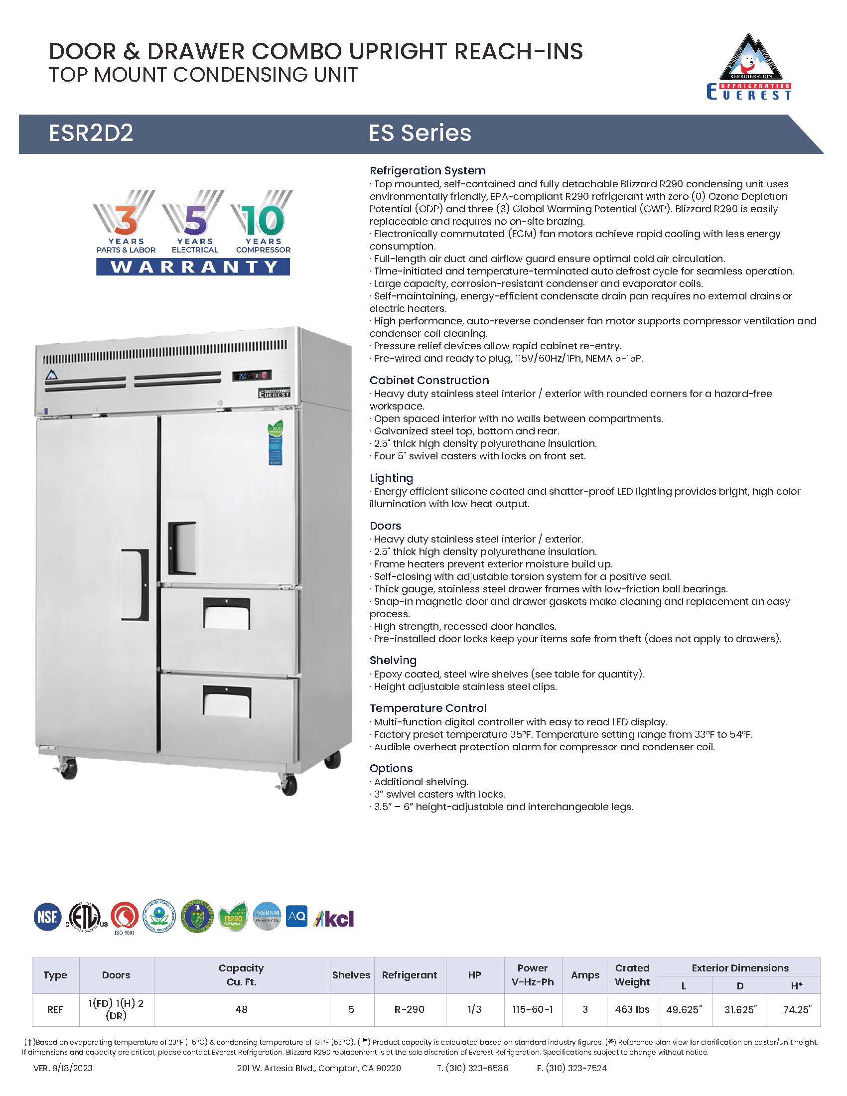 Everestref ESR2D2,  49 3/4" 2 Section - 1 Full Dr (LFT), 1 Half Dr (RT; Top) & 2 Drawer (RT; Bottom) Refrigerator