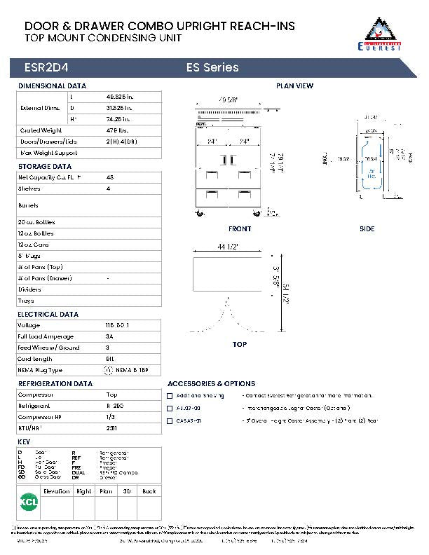 Everestref ESR2D4,  49 3/4" 2 Section - 2 Half Dr (LFT & RT; Top) & 4 Drawer (LFT & RT; Bottom 2 each) Refrigerator