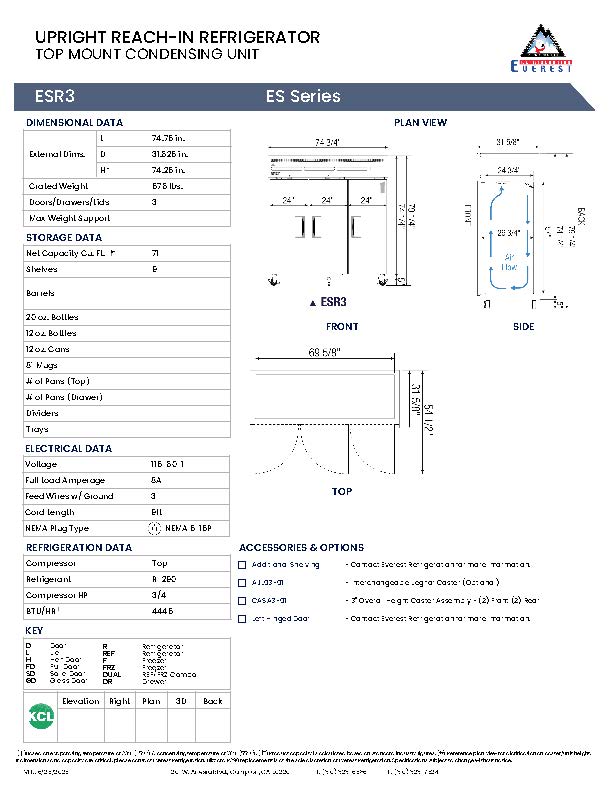 Everestref ESR3,  75" 3 Door Refrigerator
