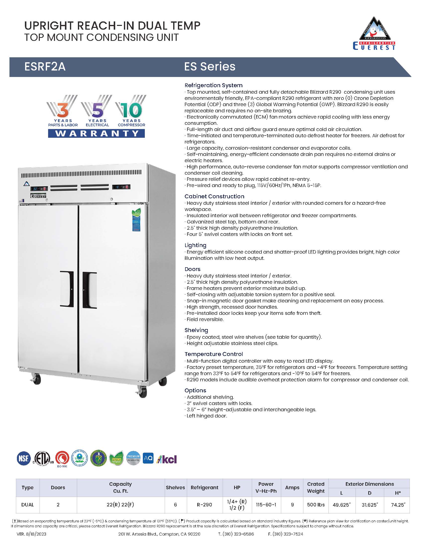 Everestref ESRF2A,  49 3/4" 2 Door (1/2 Ref & 1/2 Fzr) Dual Temp