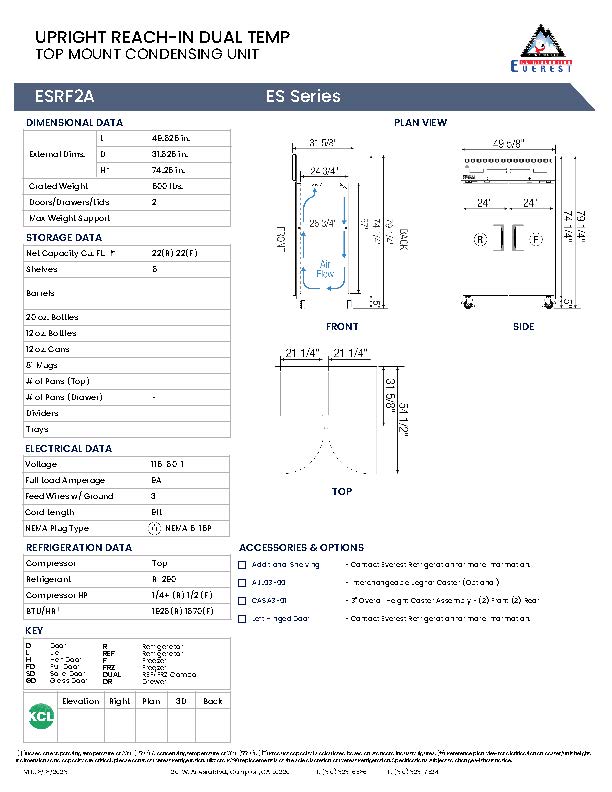 Everestref ESRF2A,  49 3/4" 2 Door (1/2 Ref & 1/2 Fzr) Dual Temp