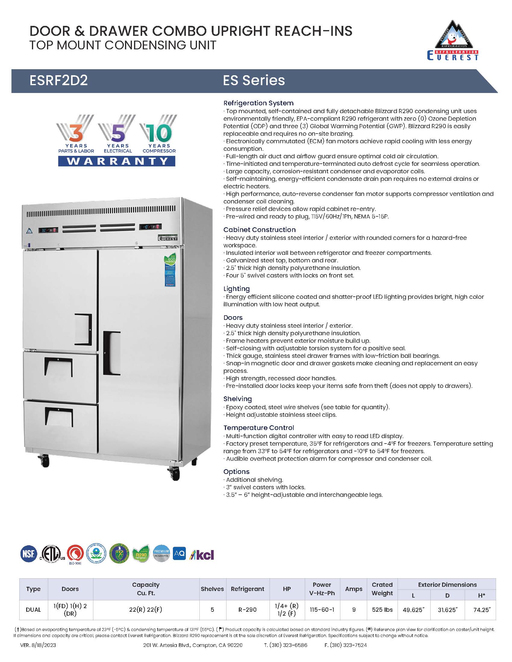 Everestref ESF2D2,  49 5/8" 2 Section - 1 Half Dr & 2 Drawer (LFT; Ref), 1 Full Dr (RT; Fzr) Dual Temp