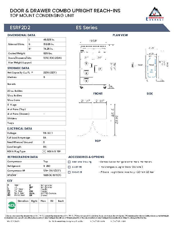 Everestref ESF2D2,  49 5/8" 2 Section - 1 Half Dr & 2 Drawer (LFT; Ref), 1 Full Dr (RT; Fzr) Dual Temp