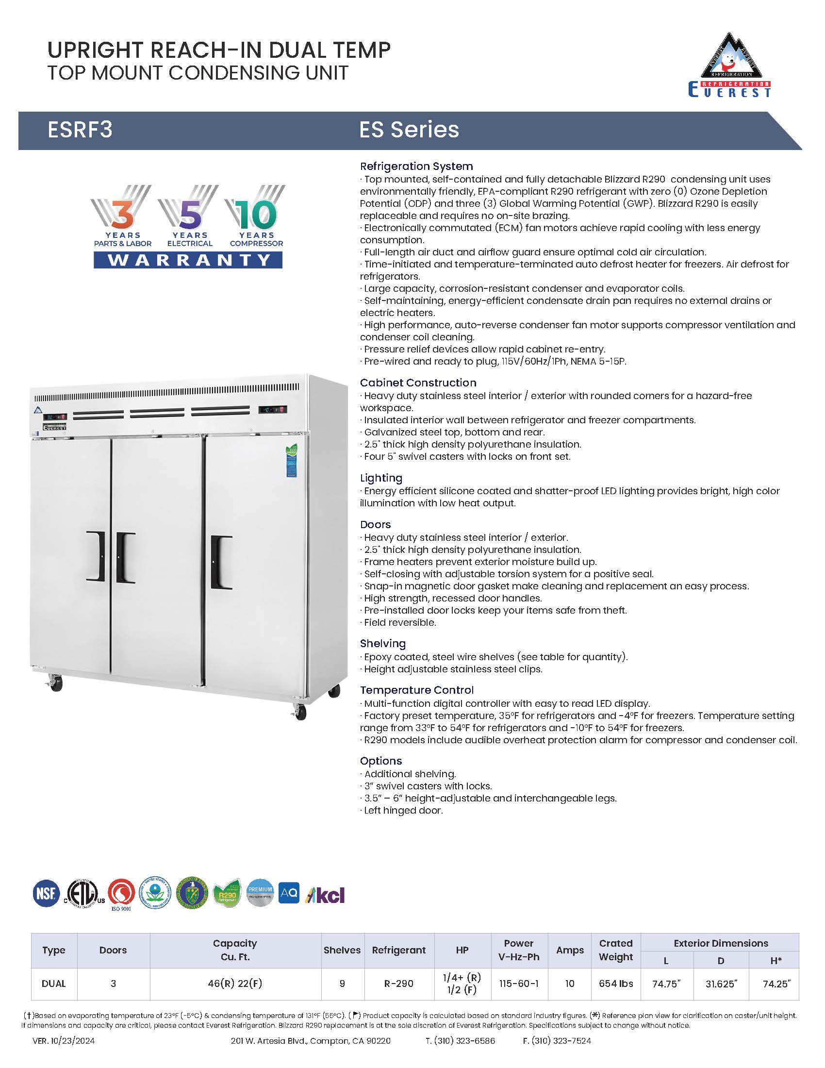 Everestref ESRF3,  75" 3 Door (2/3 Ref & 1/3 Fzr) Dual Temp